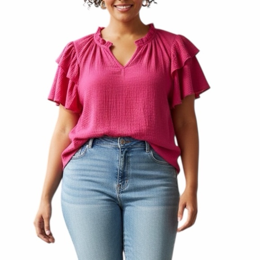 4our Dreamers Whimsical Ruffled Short Sleeve V Neck Cotton Blouse 1X Fuchsia NWT